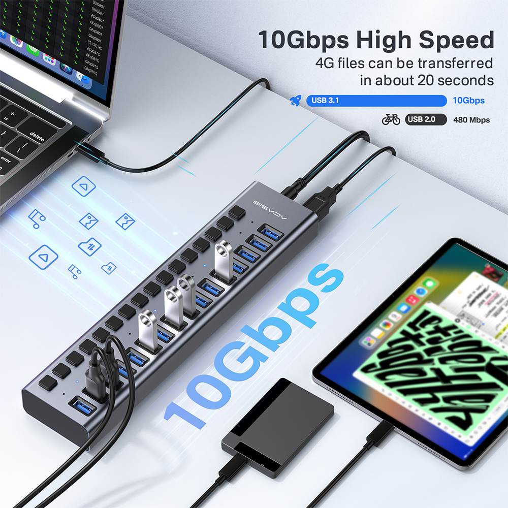 Acasis 16 Ports USB 3.1 Hub with Individual On/Off Switches Splitter - Image 4